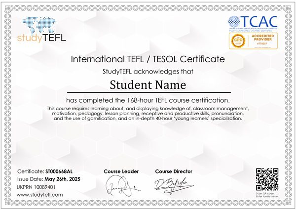 studyTEFL online TEFL certification cheap TEFL courses. An example of our beautiful TEFL certificates with QR-code.