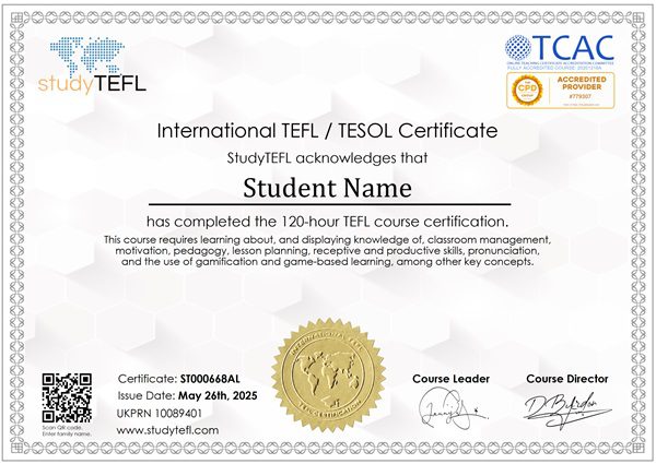 StudyTEFL OTCAC-accredited cheap TEFL course online certification helps you find English teaching jobs abroad with our TEFL jobs board. Our TEFL certificate is accepted worldwide, and stunning to put on your wall. We are registered in the UK with UKPRN.