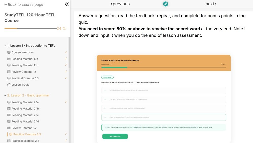 StudyTEFL LMS practice quiz