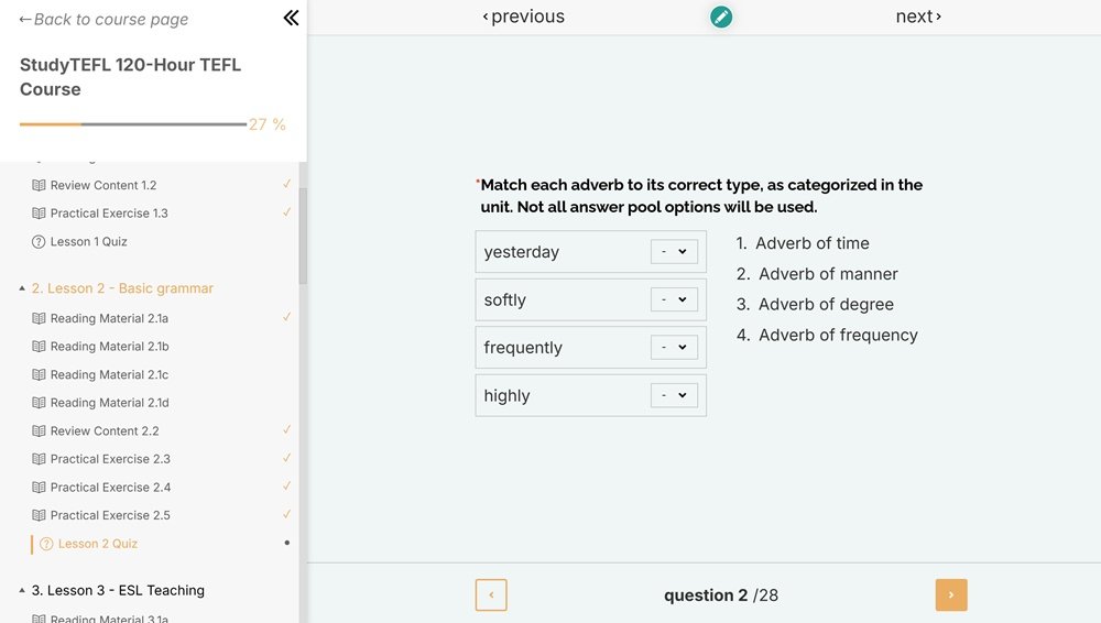 StudyTEFL LMS unit quiz