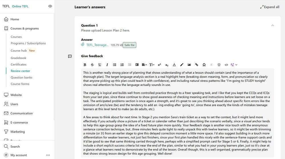 StudyTEFL tutor feedback on a Practical TEFL student task